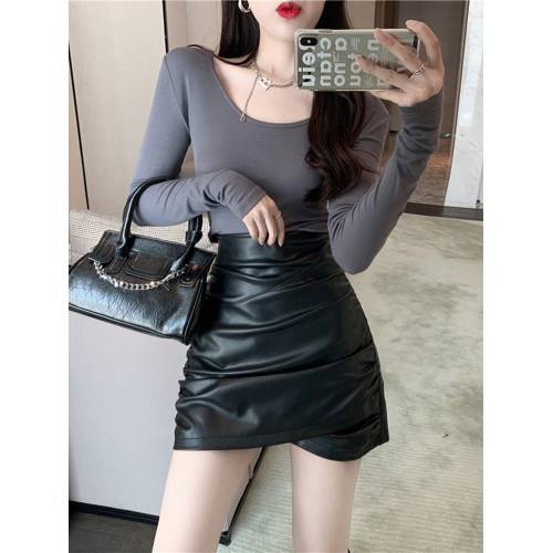 大碼褶皺pu半身裙女春秋配外套高腰皮裙微胖mm性感包臀裙a字短裙