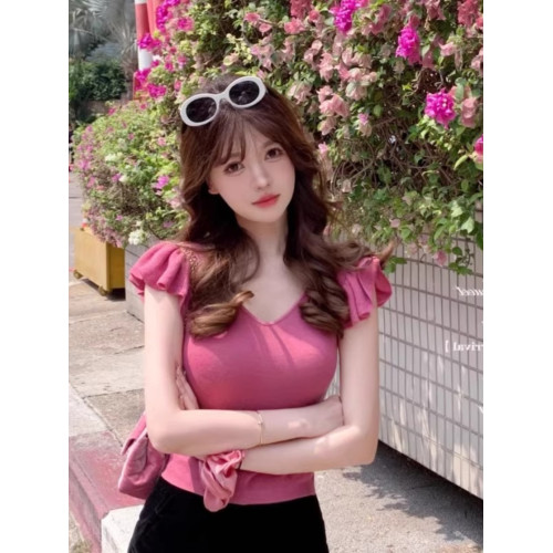 小飛袖薄款短袖針織衫T恤女2025夏季新款修身顯瘦百搭V領打底上衣