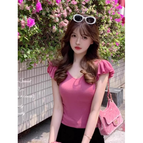 小飛袖薄款短袖針織衫T恤女2025夏季新款修身顯瘦百搭V領打底上衣