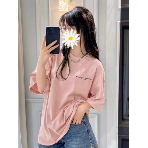 重磅純棉美式藕粉色字母短袖t恤女夏季寬松oversize港風chic上衣