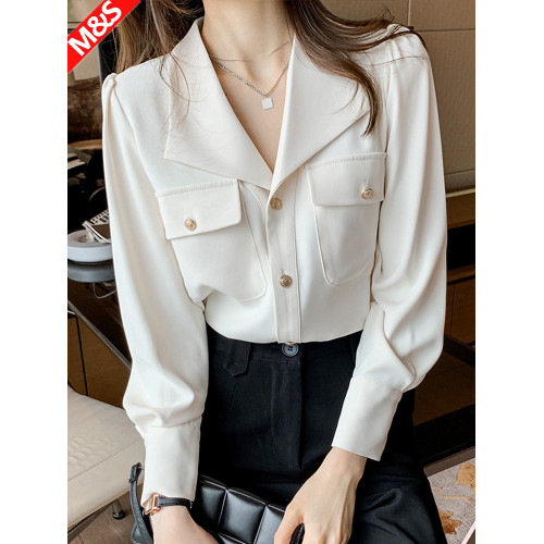 白色v領長袖襯衫女設計感小衆上衣新款面試穿職業通勤正裝白襯衣