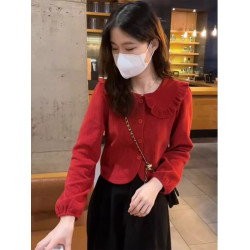 娃娃領燈芯絨襯衫上衣女春秋設計感小衆時尚洋氣內搭襯衣打底小衫