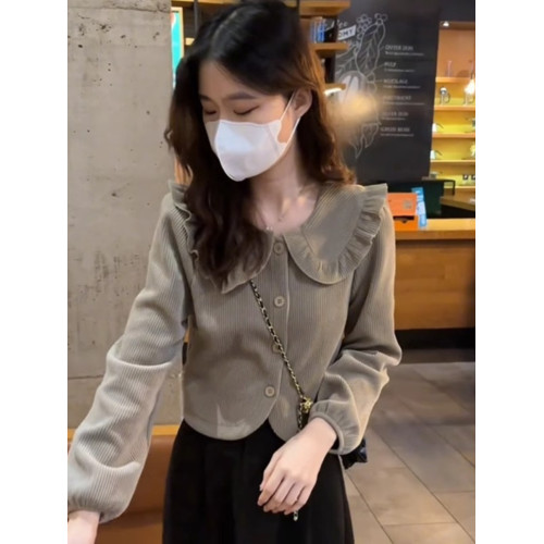 娃娃領燈芯絨襯衫上衣女春秋設計感小衆時尚洋氣內搭襯衣打底小衫