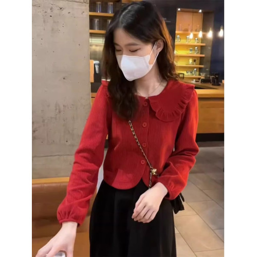 娃娃領燈芯絨襯衫上衣女春秋設計感小衆時尚洋氣內搭襯衣打底小衫