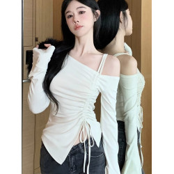 辣妹純欲風氣質時尚露肩上衣女不規則抽繩長袖t恤修身顯瘦打底衫