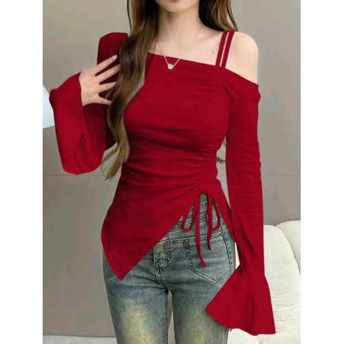 辣妹純欲風氣質時尚露肩上衣女不規則抽繩長袖t恤修身顯瘦打底衫