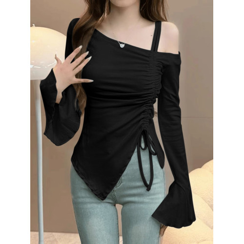 辣妹純欲風氣質時尚露肩上衣女不規則抽繩長袖t恤修身顯瘦打底衫