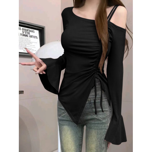 辣妹純欲風氣質時尚露肩上衣女不規則抽繩長袖t恤修身顯瘦打底衫