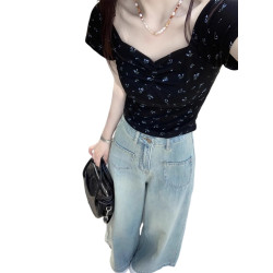 辣妹碎花別致方領鎖骨純欲正肩修身短袖T恤女夏季洋氣絕美ins上衣