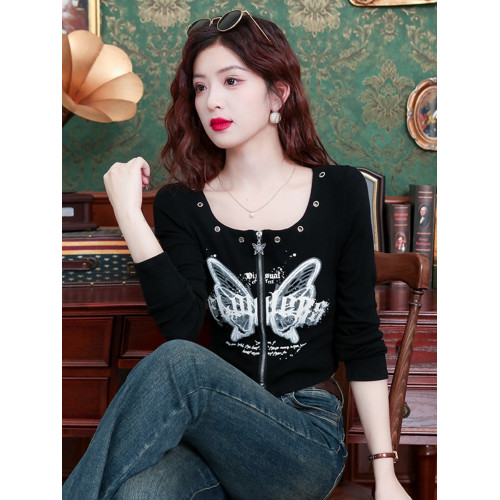 蝴蝶印花長袖t恤女春秋新款韓版方領打底衫顯瘦短款拉鍊開衫上衣