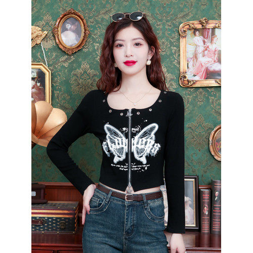 蝴蝶印花長袖t恤女春秋新款韓版方領打底衫顯瘦短款拉鍊開衫上衣