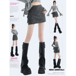MASS 灰色pu皮半身裙女秋冬高腰包臀a字短裙子超火限步半裙褲裙