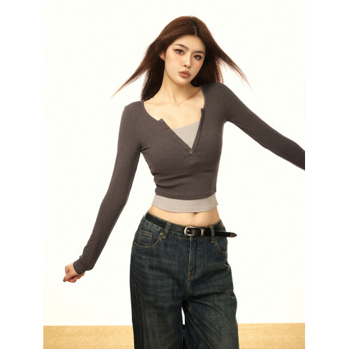 AAISUP美式復古樂基兒假兩件長袖T恤女春秋設計感打底衫辣妹上衣