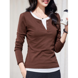 撞色假兩件圓領長袖t恤女秋裝新款2025年紐釦修身咖色上衣打底衫