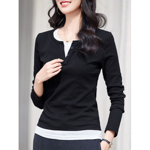 撞色假兩件圓領長袖t恤女秋裝新款2025年紐釦修身咖色上衣打底衫