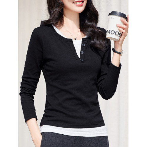 撞色假兩件圓領長袖t恤女秋裝新款2025年紐釦修身咖色上衣打底衫