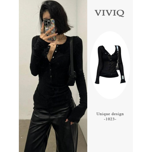 法式氣質黑色v領拼接長袖T恤女早秋季新款設計感顯瘦收腰內搭上衣