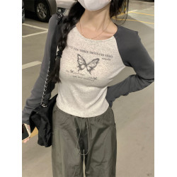 大碼美式復古字母印花長袖T恤女2025新款秋季胖mm遮肚子顯瘦上衣