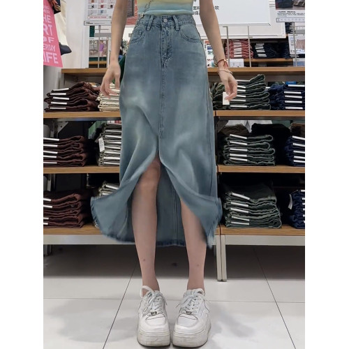 梨形身材藍色天絲牛仔半身裙女夏季薄款大碼高腰顯瘦中長款a字裙