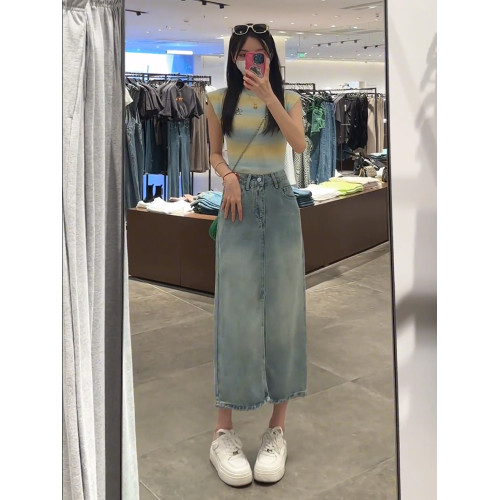 梨形身材藍色天絲牛仔半身裙女夏季薄款大碼高腰顯瘦中長款a字裙