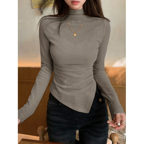 半高領內搭打底衫女秋冬2025新款不規則chic長袖純欲灰色修身上衣