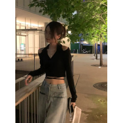 純欲風辣妹v領掛脖露肩長袖T恤女春夏季黑色性感露腰短款綁帶上衣
