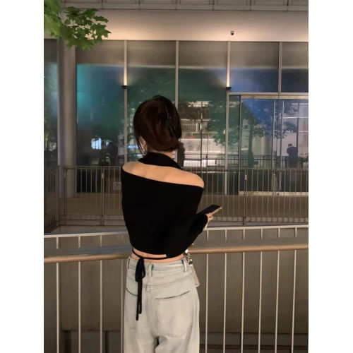 純欲風辣妹v領掛脖露肩長袖T恤女春夏季黑色性感露腰短款綁帶上衣