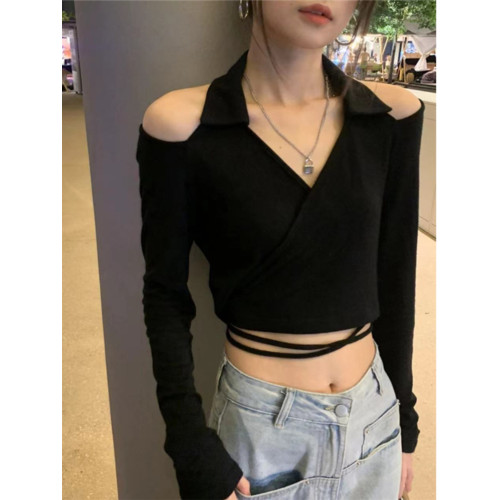 純欲風辣妹v領掛脖露肩長袖T恤女春夏季黑色性感露腰短款綁帶上衣