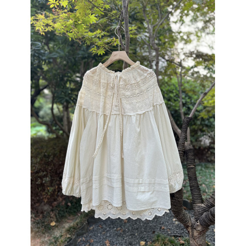 森系蕾絲花邊領口系帶拼接刺綉襯衫寬松大版甜美減齡套頭長袖上衣