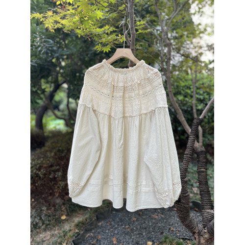 森系蕾絲花邊領口系帶拼接刺綉襯衫寬松大版甜美減齡套頭長袖上衣