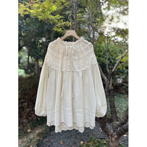 森系蕾絲花邊領口系帶拼接刺綉襯衫寬松大版甜美減齡套頭長袖上衣