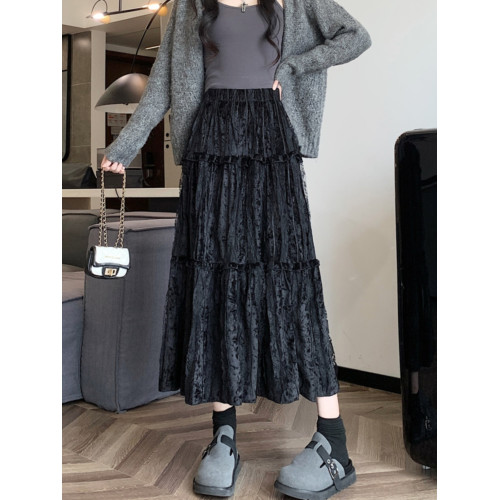 金絲絨百褶裙半身裙女秋冬高腰顯瘦A字裙中長款蕾絲拼接蛋糕裙子 金絲絨百褶裙半身裙女秋冬高腰顯瘦A字裙中長款蕾絲拼接蛋糕裙子