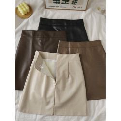 大碼微胖PU皮裙a字半身裙女春秋新款黑色遮胯短裙高腰顯瘦包臀裙