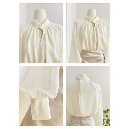 法式溫柔氣質立領緞面襯衫女春季褶皺設計感拼接燈籠長袖小衫上衣