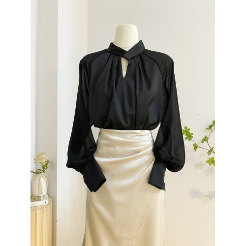 法式溫柔氣質立領緞面襯衫女春季褶皺設計感拼接燈籠長袖小衫上衣