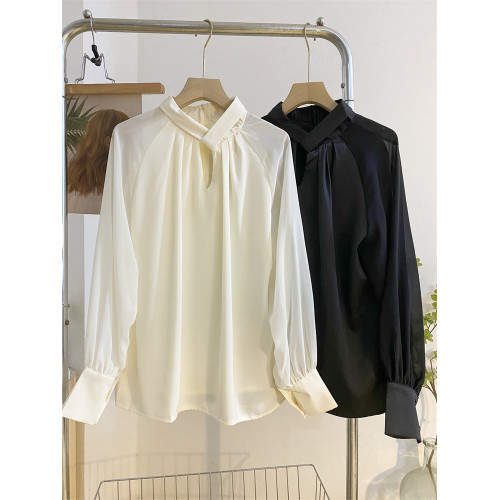 法式溫柔氣質立領緞面襯衫女春季褶皺設計感拼接燈籠長袖小衫上衣