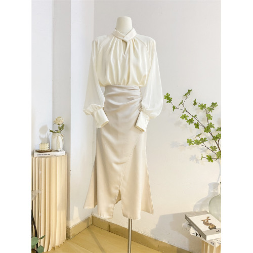 法式溫柔氣質立領緞面襯衫女春季褶皺設計感拼接燈籠長袖小衫上衣