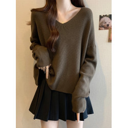 大碼女裝遮肚子慵懶風長袖針織衫女春秋胖妹妹寬松短款V領打底衫