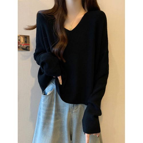 大碼女裝遮肚子慵懶風長袖針織衫女春秋胖妹妹寬松短款V領打底衫