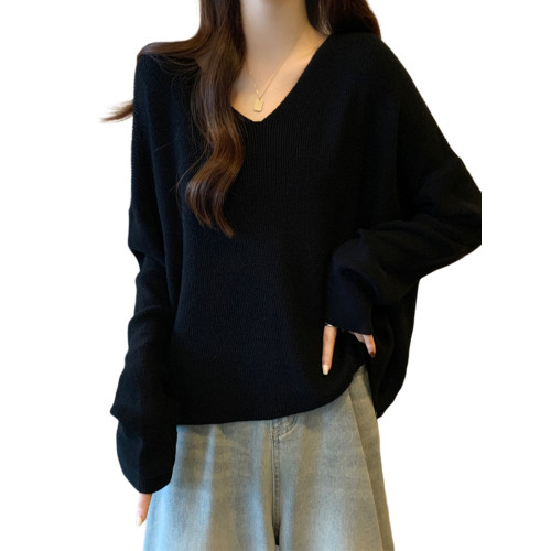 大碼女裝遮肚子慵懶風長袖針織衫女春秋胖妹妹寬松短款V領打底衫