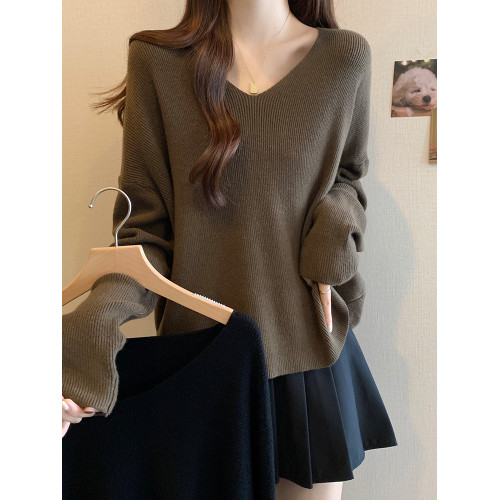 大碼女裝遮肚子慵懶風長袖針織衫女春秋胖妹妹寬松短款V領打底衫