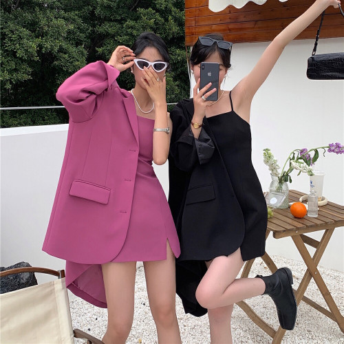 小西服外套女春秋新款韓版炸街氣質高級西裝搭配吊帶連衣裙兩件套 小西服外套女春秋新款韓版炸街氣質高級西裝搭配吊帶連衣裙兩件套