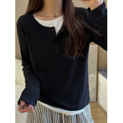 大碼女裝正肩假兩件上衣春秋新款胖mm顯瘦長袖內搭針織打底衫t恤