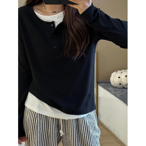 大碼女裝正肩假兩件上衣春秋新款胖mm顯瘦長袖內搭針織打底衫t恤