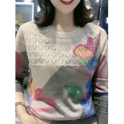 高檔燙鑽印花長袖t恤女秋季新款寬松遮肚時尚洋氣媽媽裝圓領上衣