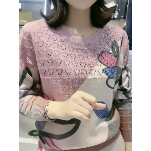 高檔燙鑽印花長袖t恤女秋季新款寬松遮肚時尚洋氣媽媽裝圓領上衣