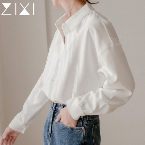 白色襯衫女燈芯絨加厚高級2025秋季新款緞面西裝料白襯衣內搭上衣