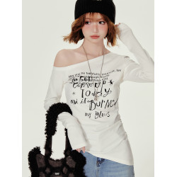 Girlyhalo美式復古辣妹斜領長袖t恤女秋季新款修身收腰顯瘦打底衫