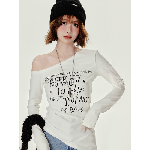 Girlyhalo美式復古辣妹斜領長袖t恤女秋季新款修身收腰顯瘦打底衫