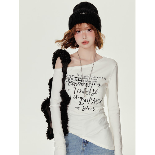 Girlyhalo美式復古辣妹斜領長袖t恤女秋季新款修身收腰顯瘦打底衫